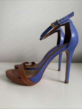 Kazar Two-Tone Blue and Brown Ankle-Strap Stilettos